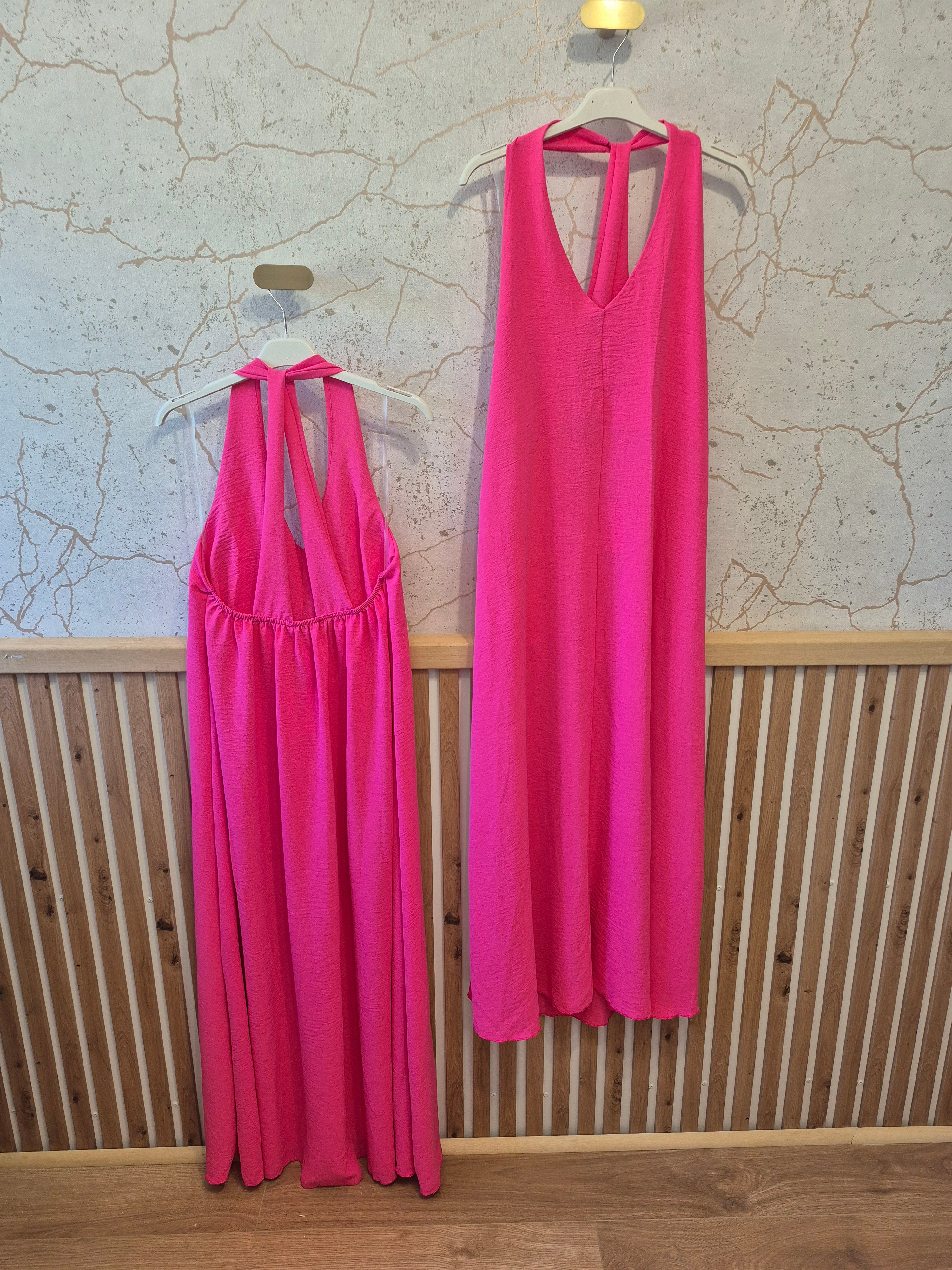 Robe longue fluide dos croisé fuchsia