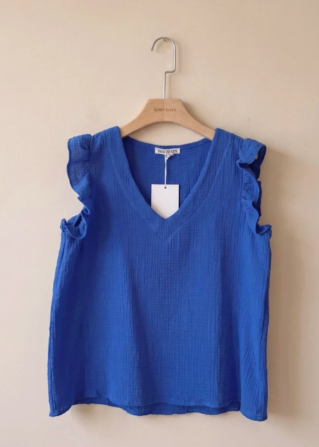 Top Gaze de Coton Bleu – Manches Volantées & Matière Naturelle